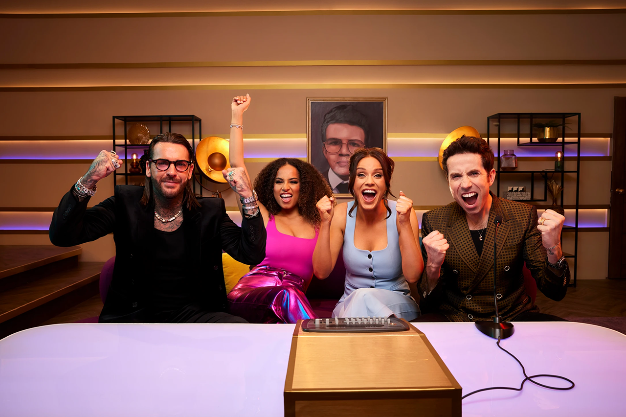 Pete Wicks, Amber Rose Gill, Vicky Pattison and Nick Grimshaw in the control room of The Underdog: Josh Must Win